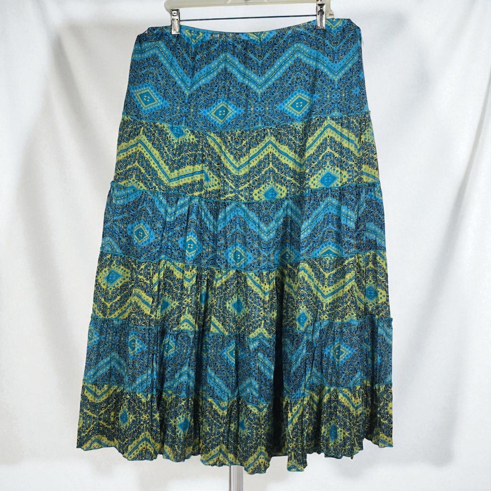 Multiples Midi Skirt Woman Large Blue‎ Yellow Floral Tiered Bohemian Festival